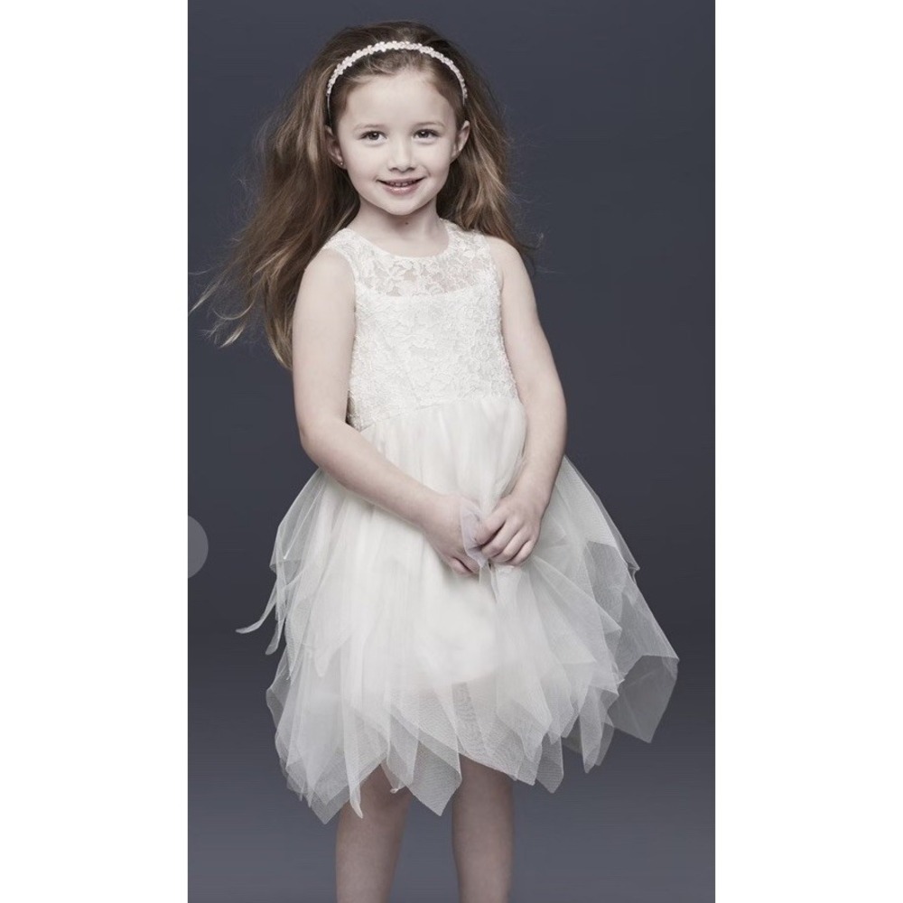 NWT David's Bridal Lace Tulle Handkerchief‎ Hem Flower Girl Dress Girls SZ 10